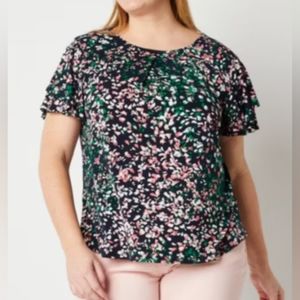 Liz Claiborne Navy Floral Tunic Top Women Size 1X Flutter Sleeve NWT